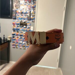 MCM Tangerine Belt with Gold M Buckle